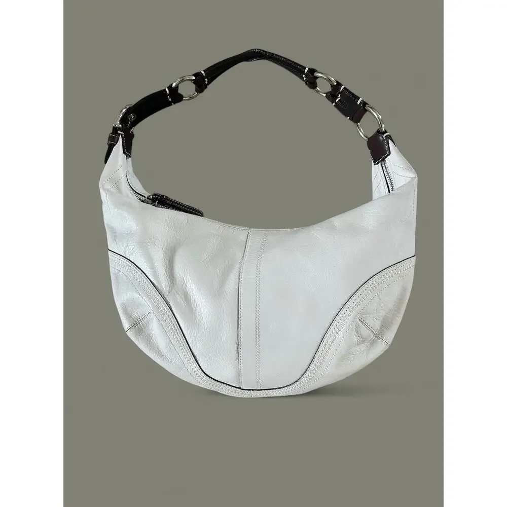 Coach White Leather Hobo Shoulder Bag with Dark Brown Strap